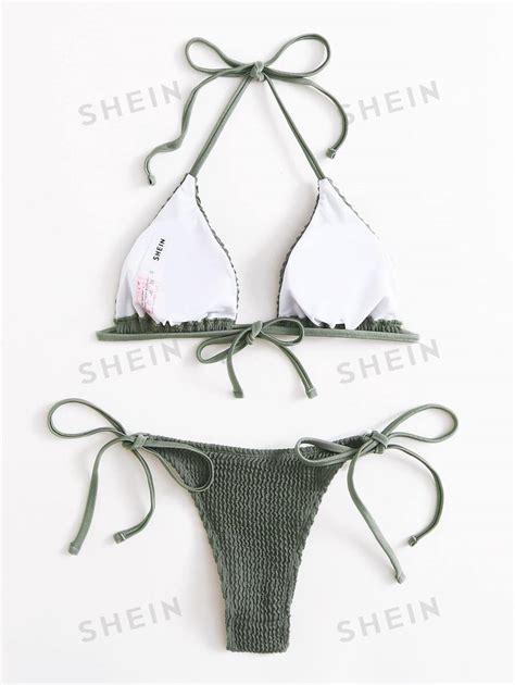 Shein Swim Summer Beach Textured Bikini Set Halter Triangle Bra Top Tie Side Bikini Bottom