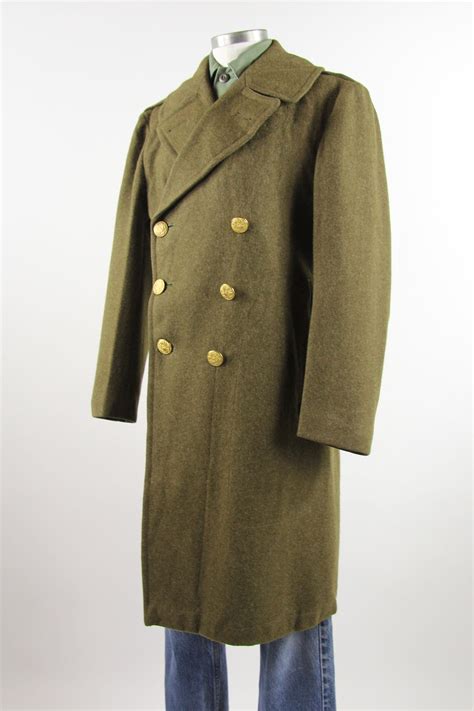 Wwii Mens Military Coat Wool Gold Button Olive Green Trench Winter