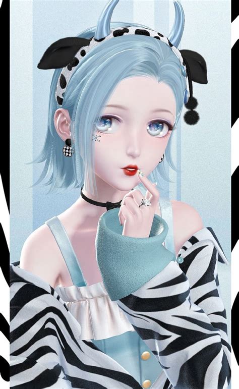 A Woman With Blue Hair And Piercings Is Dressed Up In Zebra Print Clothing Holding Her Finger