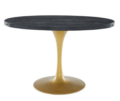 An Image Of A Round Dining Table With Black Wood And Gold Metal Base On