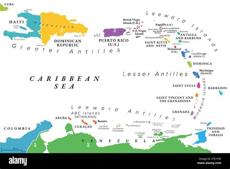 Lesser Antilles of the Caribbean, multicolored political map. Group of