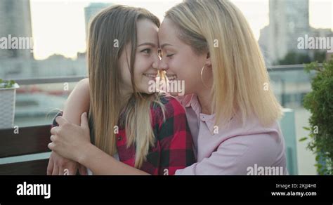 Happy Loving Homosexual Lesbian LGBT Couple Kissing At City Streets Pride Stock Video Footage