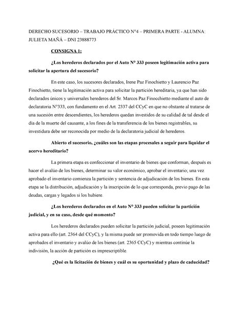 Derecho Sucesorio Tp Parte Derecho Sucesorio Trabajo Pr Ctico N