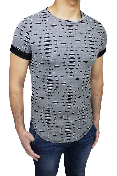 T Shirt Maglia Uomo Garino Made In Italy Grigio Slim Fit Con Strappi In Rilievo