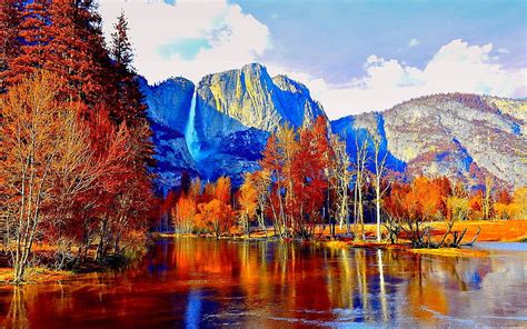 Yosemite National Park Autumn Water Usa California Colors River