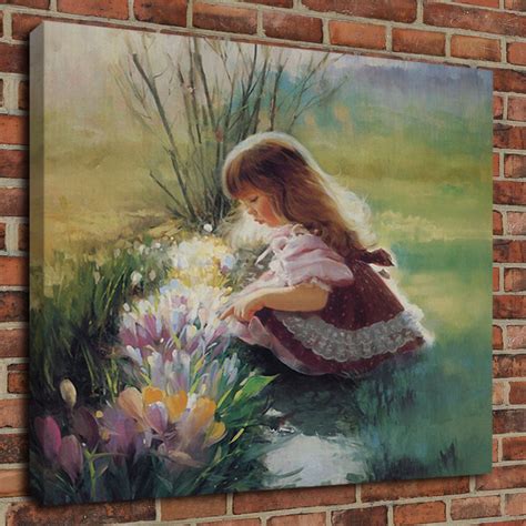 Oil Painting A Little Girl Picking Flowers Canvas Hd Print Poster Home