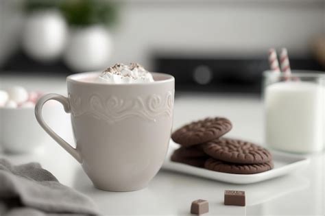 Premium AI Image A Cup Of Hot Cocoa For One On A White Table With Chocolate Cookies