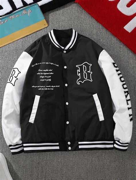 Manfinity Emrg Loose Fit Men S Slogan Graphic Striped Trim Varsity