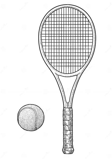 Ракетка тенниса и иллюстрация шарика, чертеж, гравировка, чернила ...