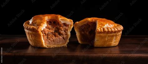 Above the golden pastry, a mini pork pie is cut in half, revealing a ...