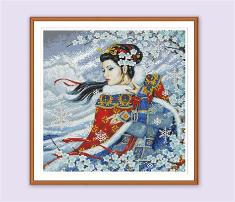 Japanese Geisha Cross Stitch Pattern Winter Woman Face Digital Etsy