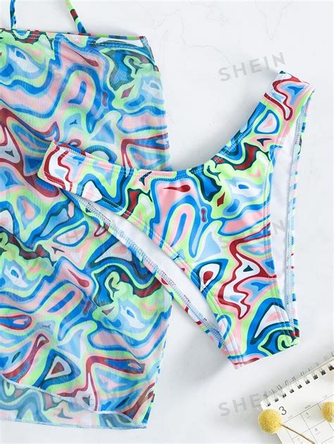 SHEIN Swim Event Swirl Bikini Set Lace Up Triangle Bra High Cut Bottom Beach Skirt