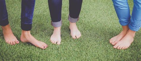 Three Women With Naked Feet Standing In Grass Stock Photo Image Of People Shot 121817764
