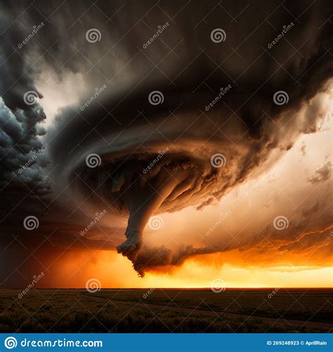 A Great And Huge Tornado Spawned In The Field Dramatic And Strong