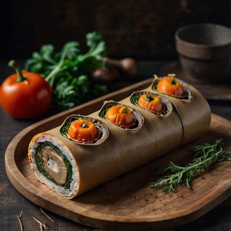 Premium Photo Eco Packaging Roll With Vegetables And Mushrooms In