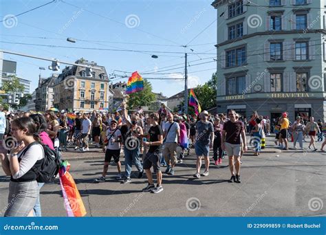 Zurich Switzerland September 4 2021 People At The Gay Pride Demonstration Are Walking Through