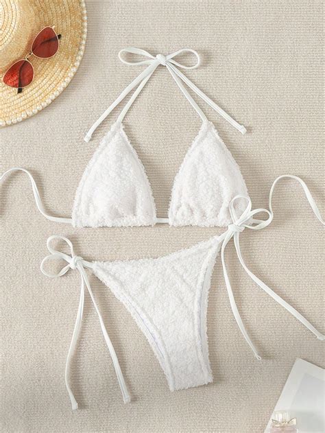 Solid Texture Halterneck Bikini Set With Separated Bottom String Bikini Swimsuit Bathing Suit