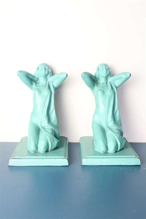 Art Deco Kneeling Nude Woman Sculpted Painted Spelter Bookends