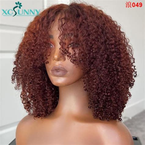 Reddish Brown Human Hair Wig Copper Red Afro Kinky Curly Wig With Bangs