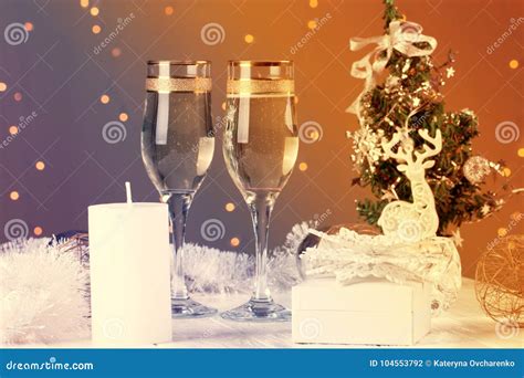 Toasting with Champagne Glasses. Christmas Decorations with Win Stock Photo - Image of beverage ...