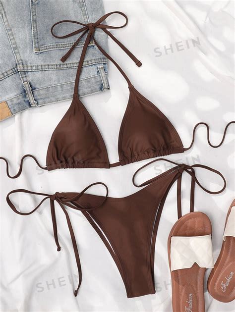 Shein Vcay Summer Beach Solid Halter Bra Tie Side Swim Bottom Bikini Bathing Suit Shein