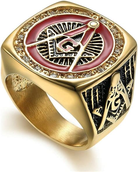 Masonic Ring Mens Stainless Steel Red Enamel Cubic Zirconia Crystals