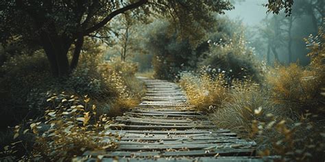 natural wooden path leading  forest wilderness background