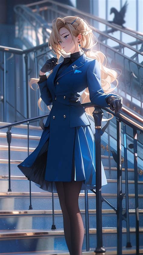 A Blonde Woman In A Dark Azure And Navy Business Suit With A