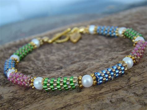 Handstitched Peyote Tube Bead Bracelet With Genuine Akoya