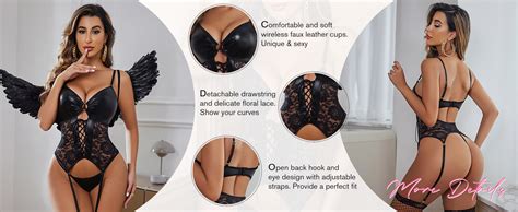 Avidlove Womens Lingerie Faux Leather Lingerie Lace Teddy Bodysuit Sexy Corset With Garter Belt