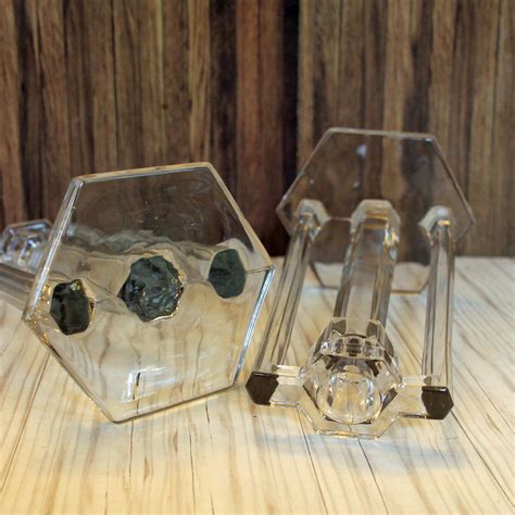 Vintage Clear Glass Trophy Style Candlestick Pair With Hexagon Base And Columns Taper Candle