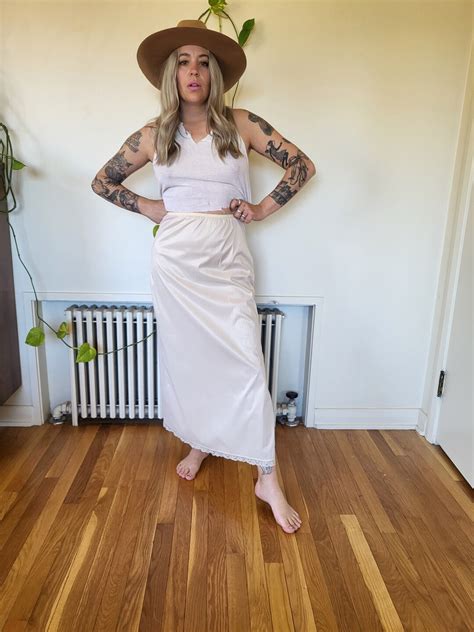 Vintage Brown Lingerie Slip Skirt With Lace Hem Vintage Brown Lingerie Skirt Long Vintage