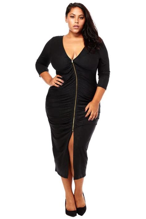 Plus Size Front Zipper Ruched Midi Dress Slayboo