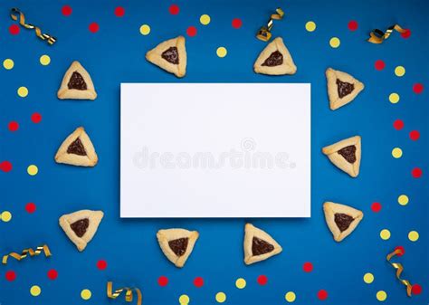 Hamantaschen Cookies Carnival Mask Noisemaker On Blue Background