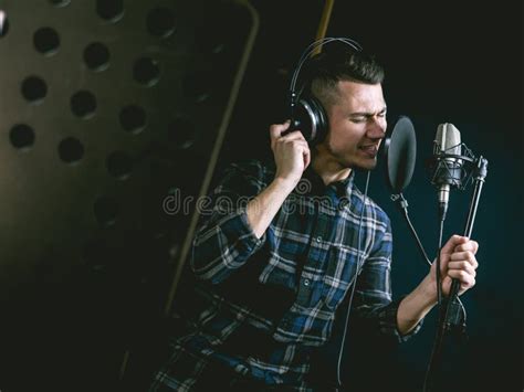 The Young Guy Singing In Recording Studio Stock Image Image Of Person