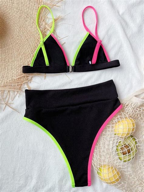 Contrast Binding Triangle High Cut Bikini Swimsuit Shein Usa