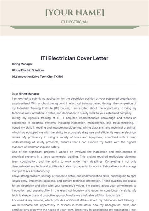 Free Iti Electrician Cover Letter Template To Edit Online