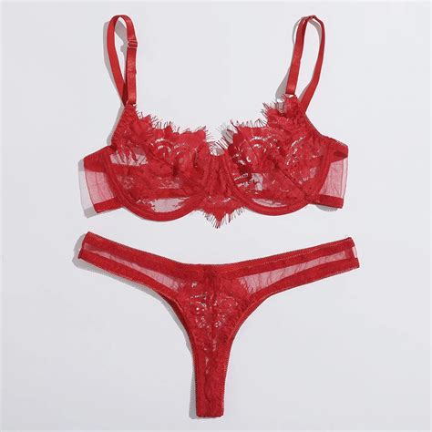 Christmas Lace Lingerie Steel Ring Bra Set Piece Women Floral Transparent Lace Bra Panty