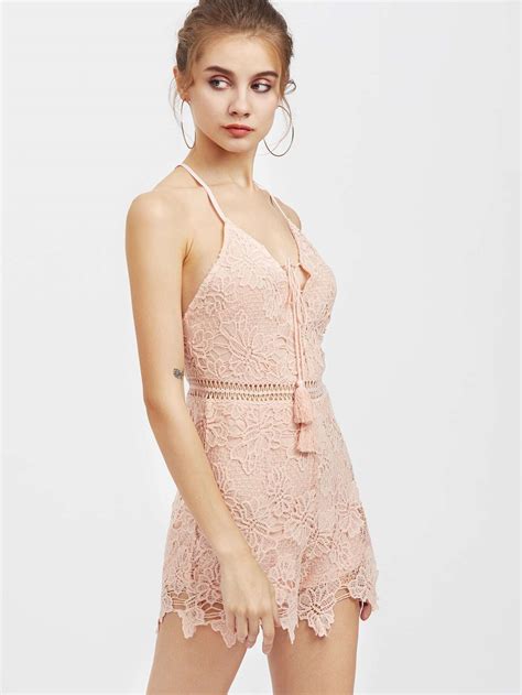 Tie Up Front Crisscross Back Lace Playsuit Shein Sheinside