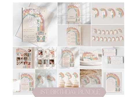 One Groovy Babe St Birthday Invitation Bundle Retro First Birthday Invite S Daisy Party