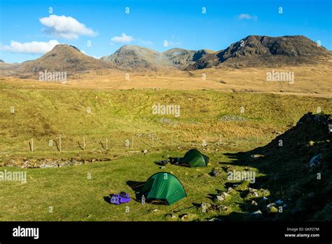 Two Hilleberg Akto solo back-packing tents at Harris Bay, Isle of Rum ...