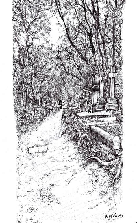Highgate cemetery, pathway between graves : r/drawing