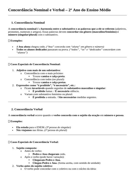 Concordância Verbal Concordância Nominal - Concordância Nominal e Verbal Explicada | PDF | Pronome | Assunto ...