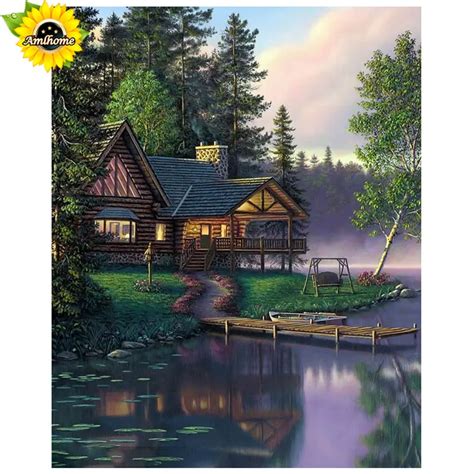 5D Diy Cottage Paisagem Pintura Diamante Broca Praça Cheia de Diamantes