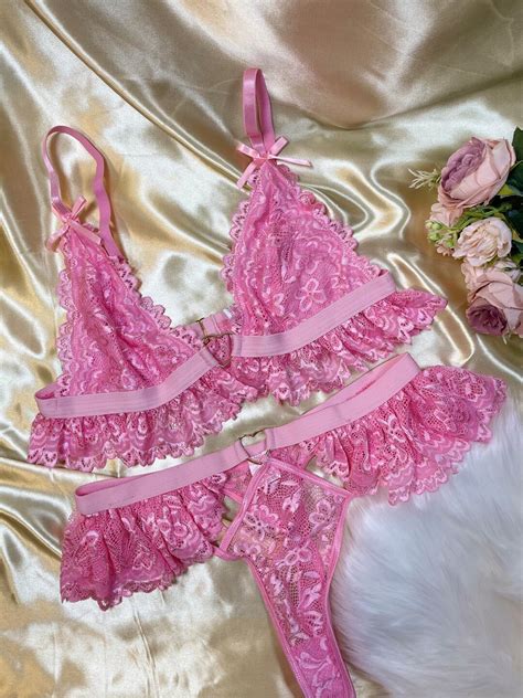 Romantic Pink Floral Lace Ruffle Lingerie Set Etsy