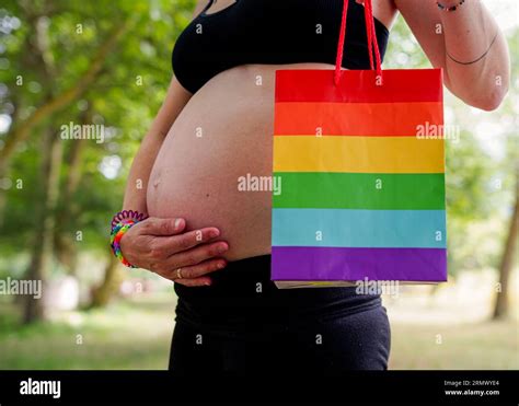 Pacifier In Belly Of Pregnant Gay Woman Mother Waiting For Baby Maternity And Prenatal Care