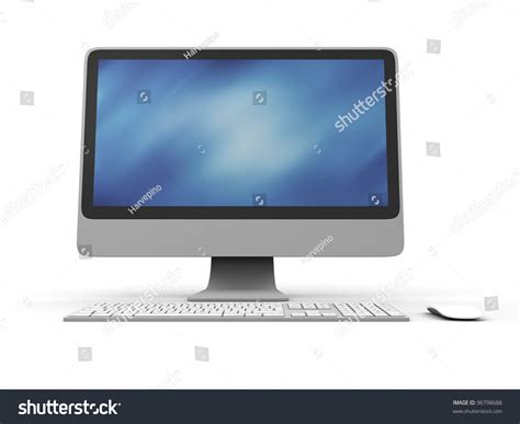 front view  modern desktop computer  wireless keyboard  mouse