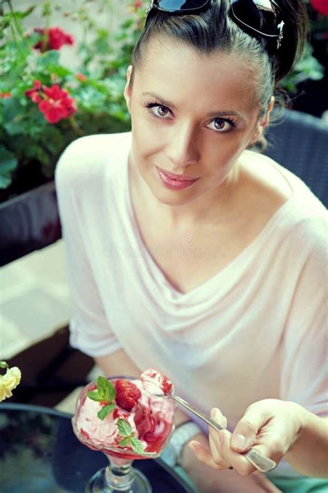 Pleased Brunette Woman With Fine Dessert Stock Photo Image Of Dinner Girlfriend