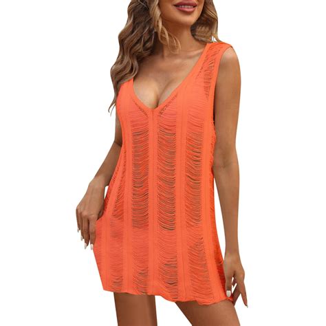 Celivon Womens Deep V Neck Lace Knitted Beach Cover Up Dress Swimsuits Sexy Hollow Out Bikini