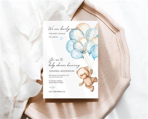 Teddy Bear Hot Air Balloon Boy Baby Shower Invitation